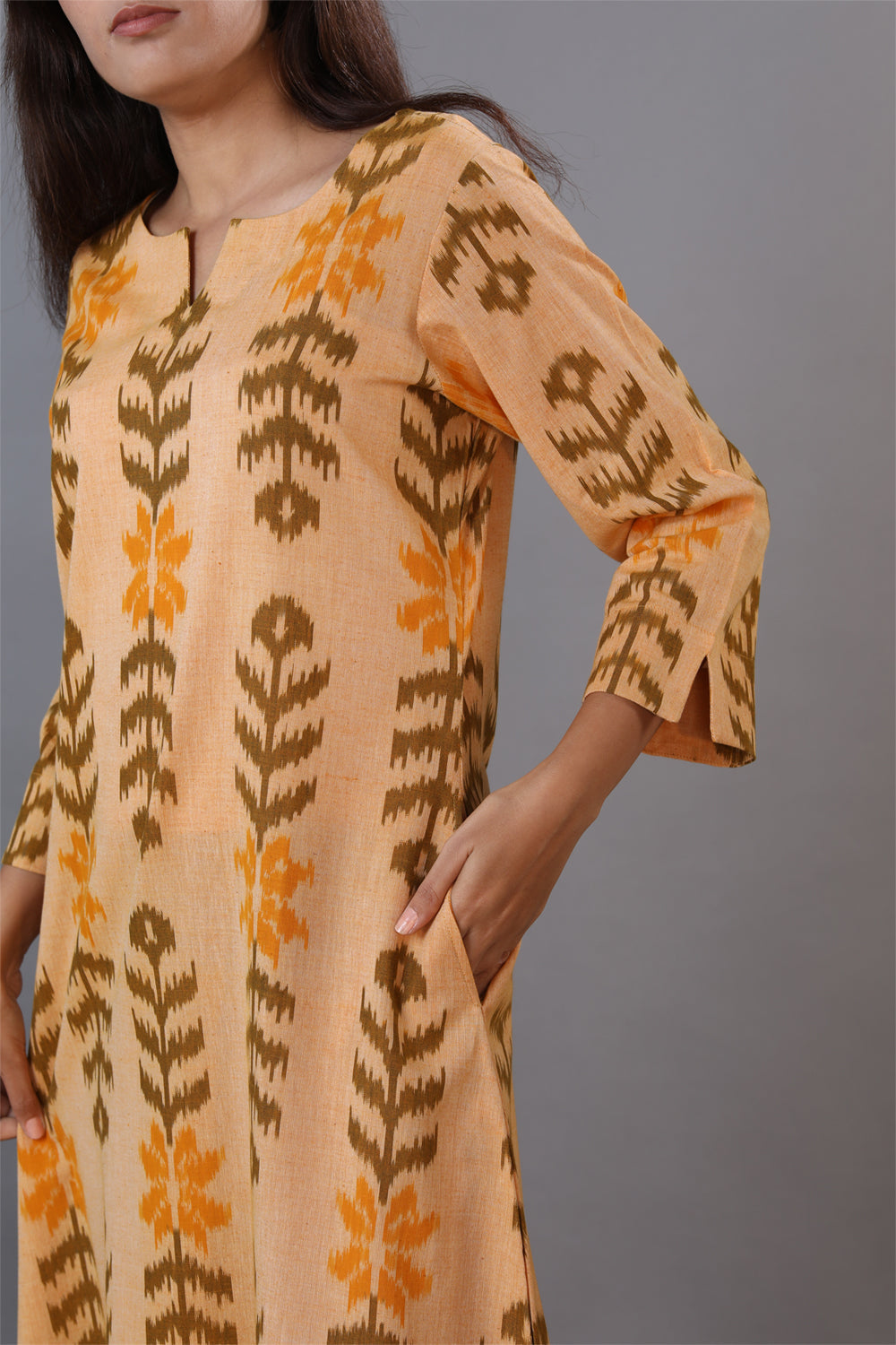 Honey beige hand woven cotton Ikat kurti