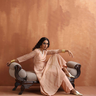 trueBrowns Blush Pink Tissue Flared Anarkali Kurta Set