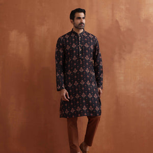 trueBrowns Men's Black Printed Kurta