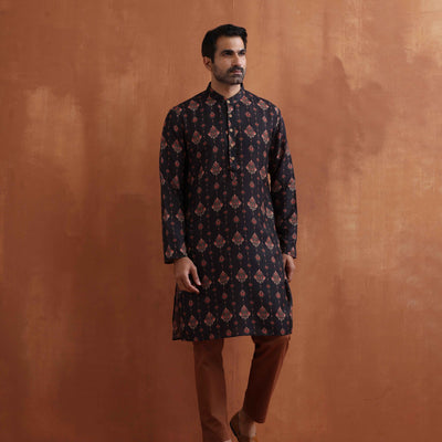 trueBrowns Men's Black Printed Kurta
