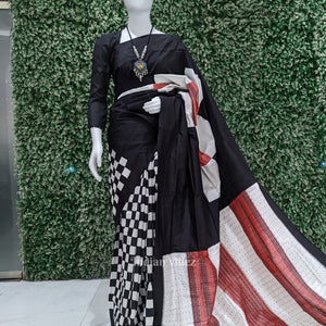 Black White Red Odisha Ikat Pasapali Sambalpuri Silk Saree