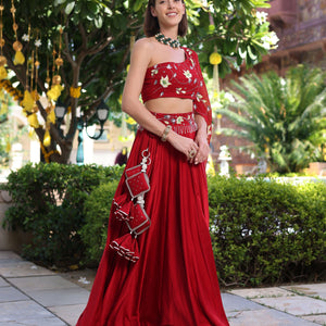 Rutvi Red Handpainted Satin Lehenga Set