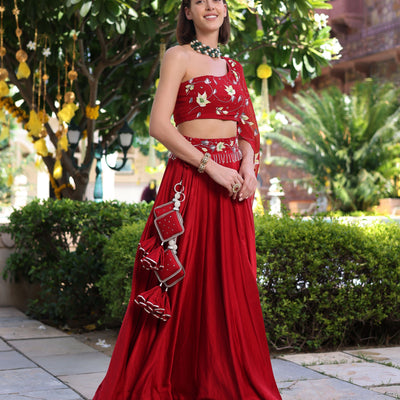 Rutvi Red Handpainted Satin Lehenga Set