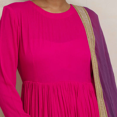 trueBrowns Pink Crinkle Anarkali Kurta Pant Dupatta Set