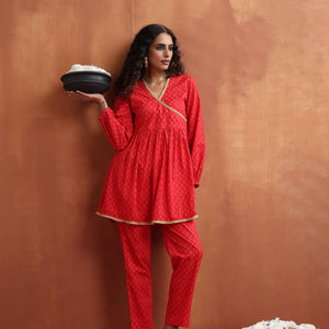 trueBrowns Red Print Angrakha Co-ord Set