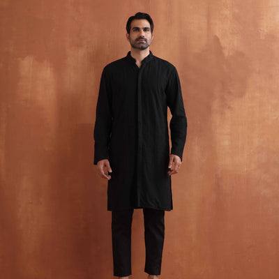 trueBrowns Men's Black Textured Cotton Dobby Front Open Kurta