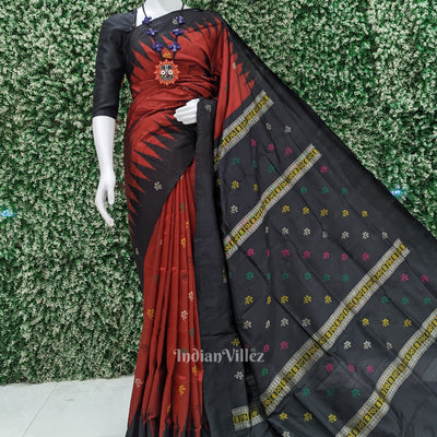 Black Red Floral Design Bomkai Silk Saree