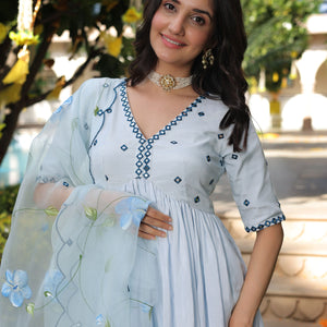 Blue Blossom Handpainted Cotton Silk Suit Set