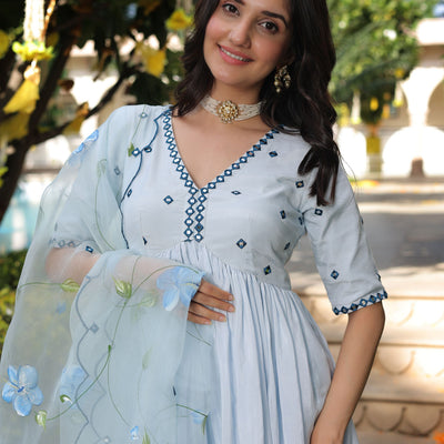 Blue Blossom Handpainted Cotton Silk Suit Set