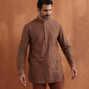 trueBrowns Men's Brown Cotton Dobby Short Kurta