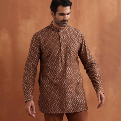 trueBrowns Men's Brown Cotton Dobby Short Kurta