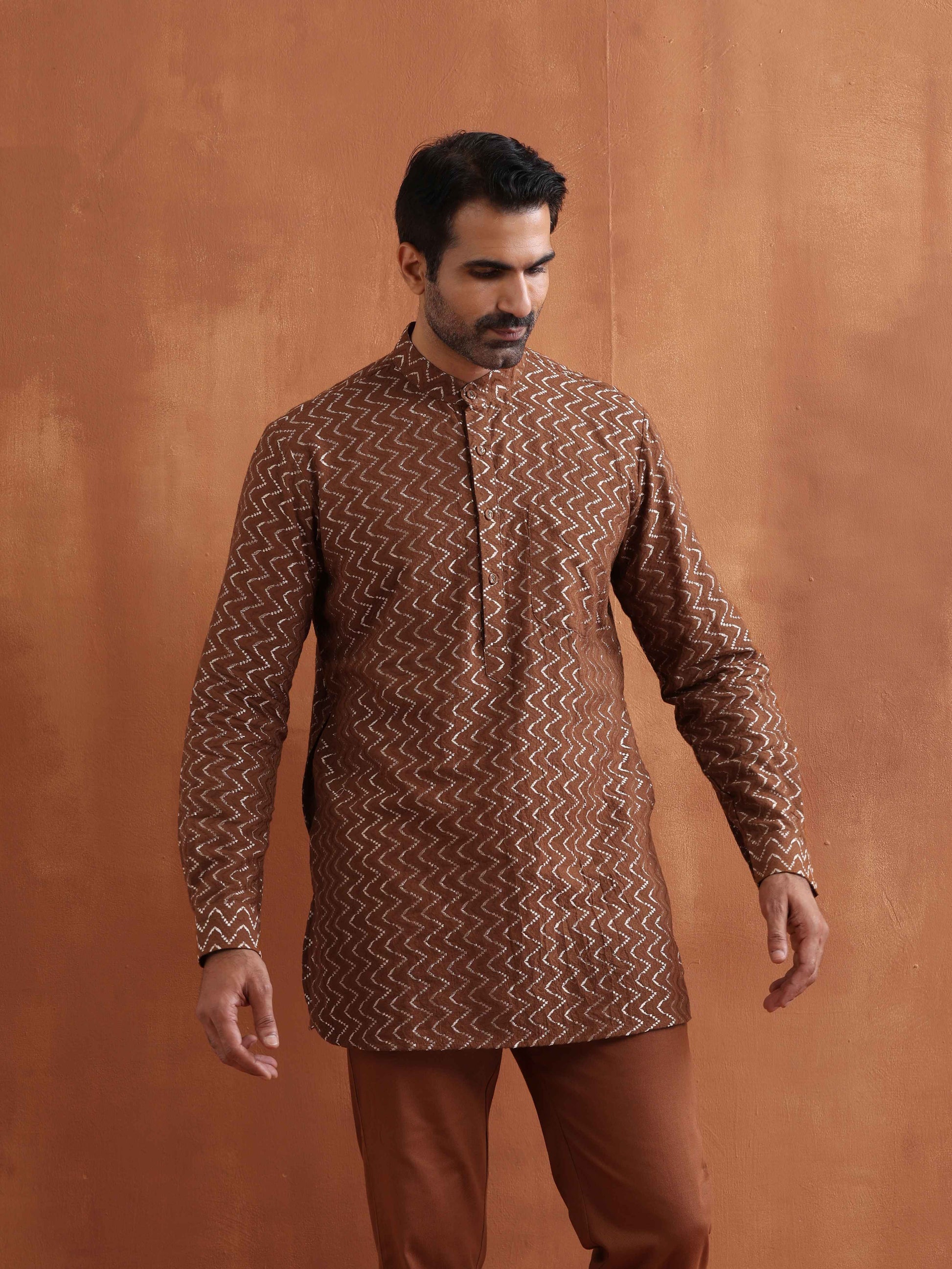 trueBrowns Men's Brown Cotton Dobby Short Kurta