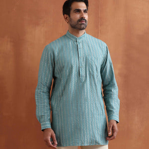 trueBrowns Men's Green Cotton Dobby Short Kurta