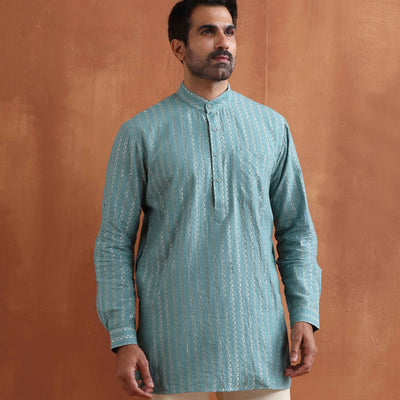 trueBrowns Men's Green Cotton Dobby Short Kurta