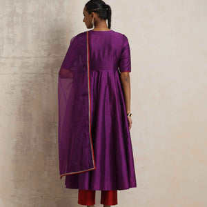 trueBrowns Purple Silk Anarkali Kurta Pant Dupatta Set