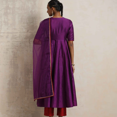 trueBrowns Purple Silk Anarkali Kurta Pant Dupatta Set