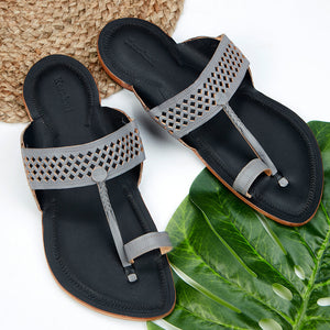 Black & Grey Handstitched Leather Kolhapuri Men Slipper