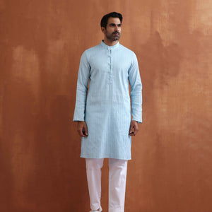 trueBrowns Men's Blue Sequin Chanderi Kurta