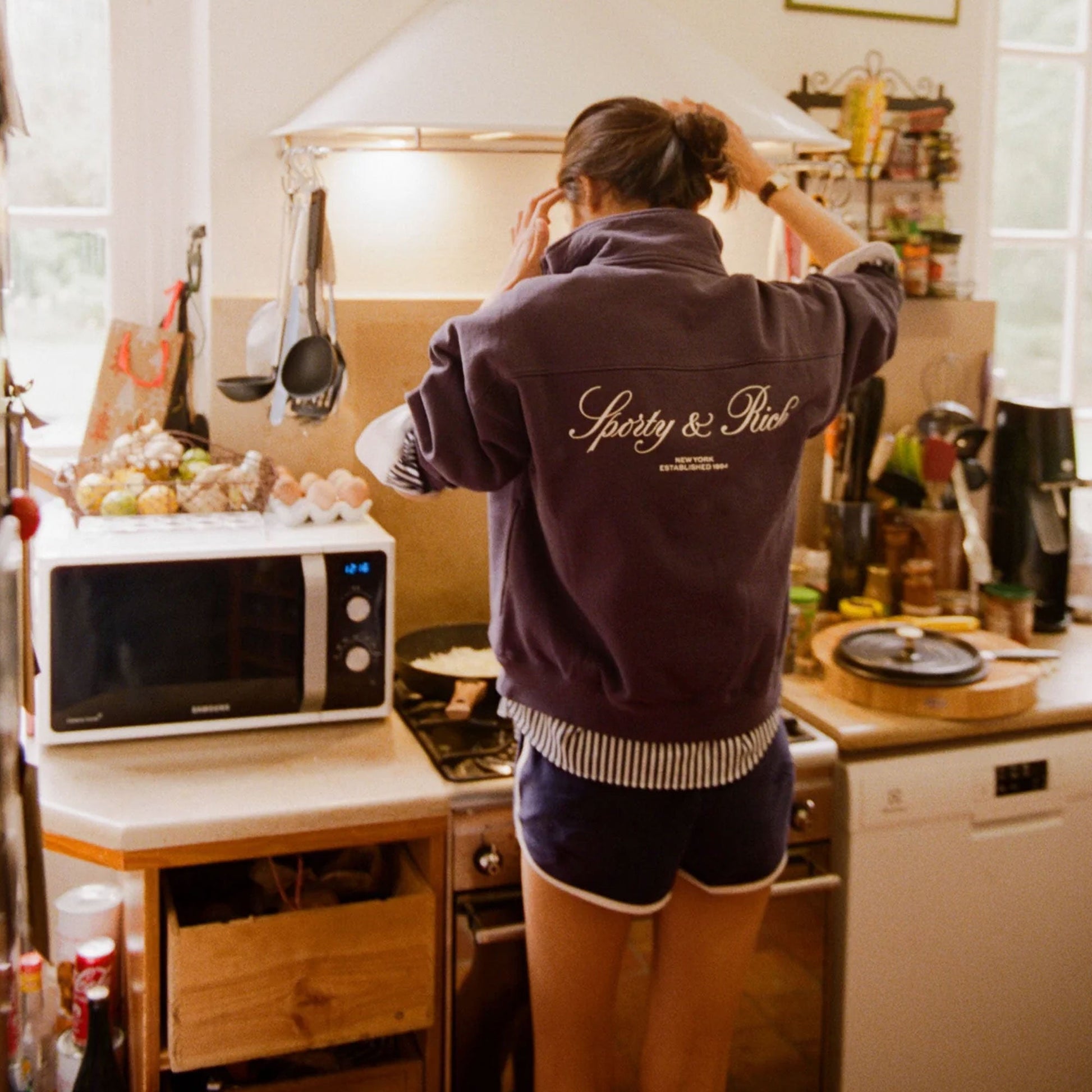 SPORTY & RICH | NY CREST VELOUR SHORT { NAVY/CREAM