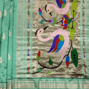 Teal Blue Peacock Butti Paithani Silk Saree