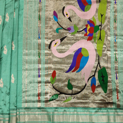 Teal Blue Peacock Butti Paithani Silk Saree