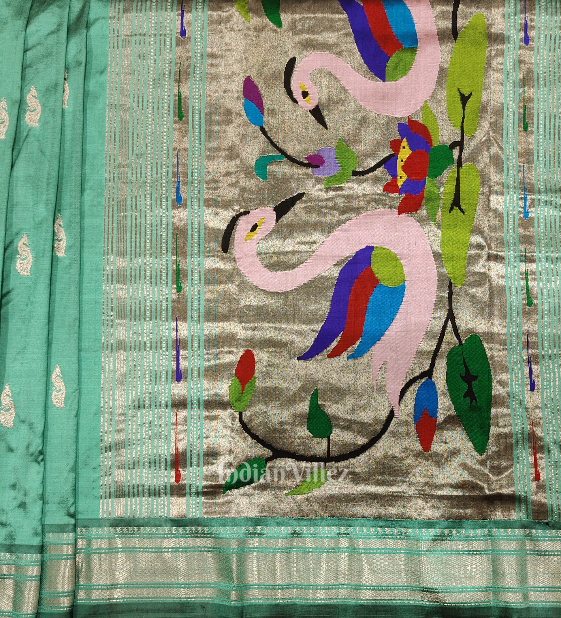 Teal Blue Peacock Butti Paithani Silk Saree