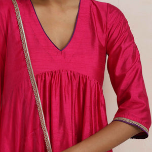 trueBrowns Pink Silk Anarkali Kurta Pant Dupatta Set