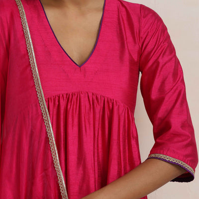 trueBrowns Pink Silk Anarkali Kurta Pant Dupatta Set