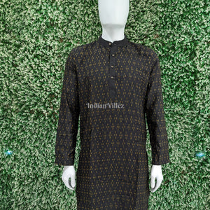 Black Pasapali Sambalpuri Ikat Cotton Long Kurta For Men