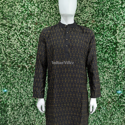 Black Pasapali Sambalpuri Ikat Cotton Long Kurta For Men