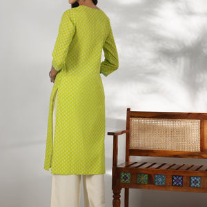 Green Printed Cotton Straight Kurta