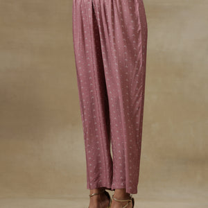 Dark Mauve Bandhani Printed Silk Front Slit Kurta Pant Set | Relove