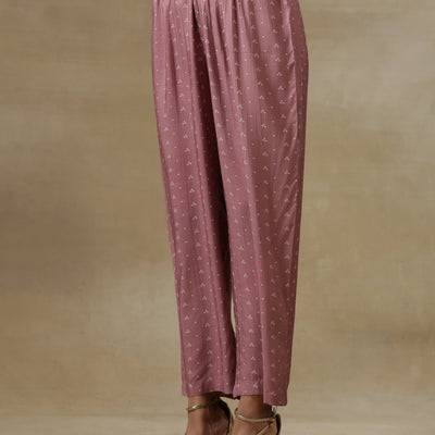 Dark Mauve Bandhani Printed Silk Front Slit Kurta Pant Set | Relove