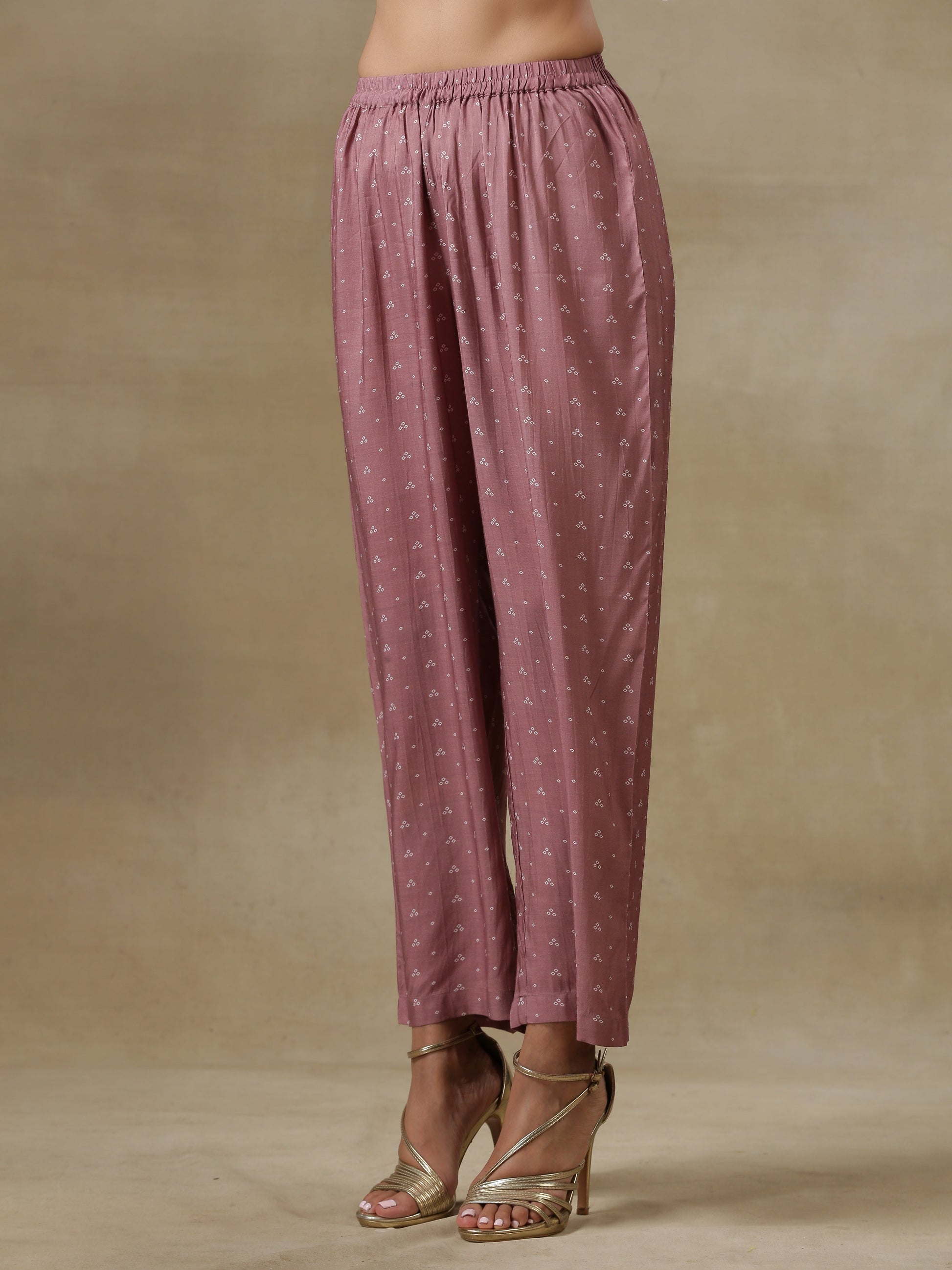 Dark Mauve Bandhani Printed Silk Front Slit Kurta Pant Set | Relove