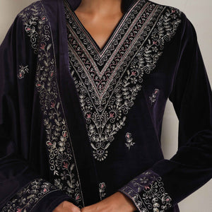 trueBrowns Purple Velvet Embroidered Kurta Pant Dupatta Set