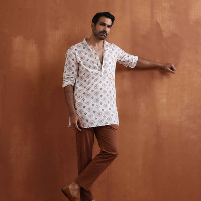 trueBrowns Men's Ivory Printed Short Kurta