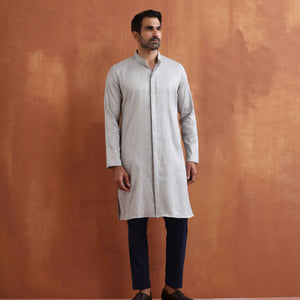 trueBrowns Men's Grey Chanderi Front Open Kurta