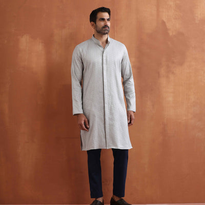 trueBrowns Men's Grey Chanderi Front Open Kurta