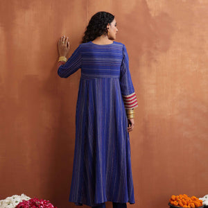 trueBrowns Blue Stripe Flared Anarkali Kurta Set