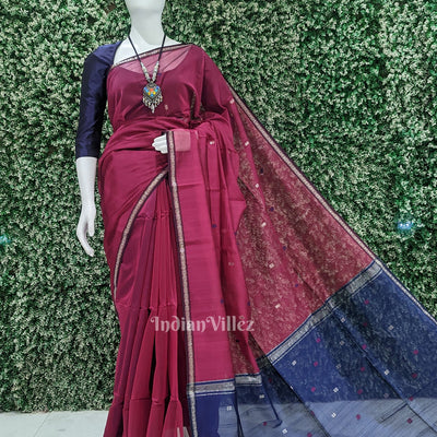 Purple Wine with Blue Pure Silk Cotton Maheshwari Saree