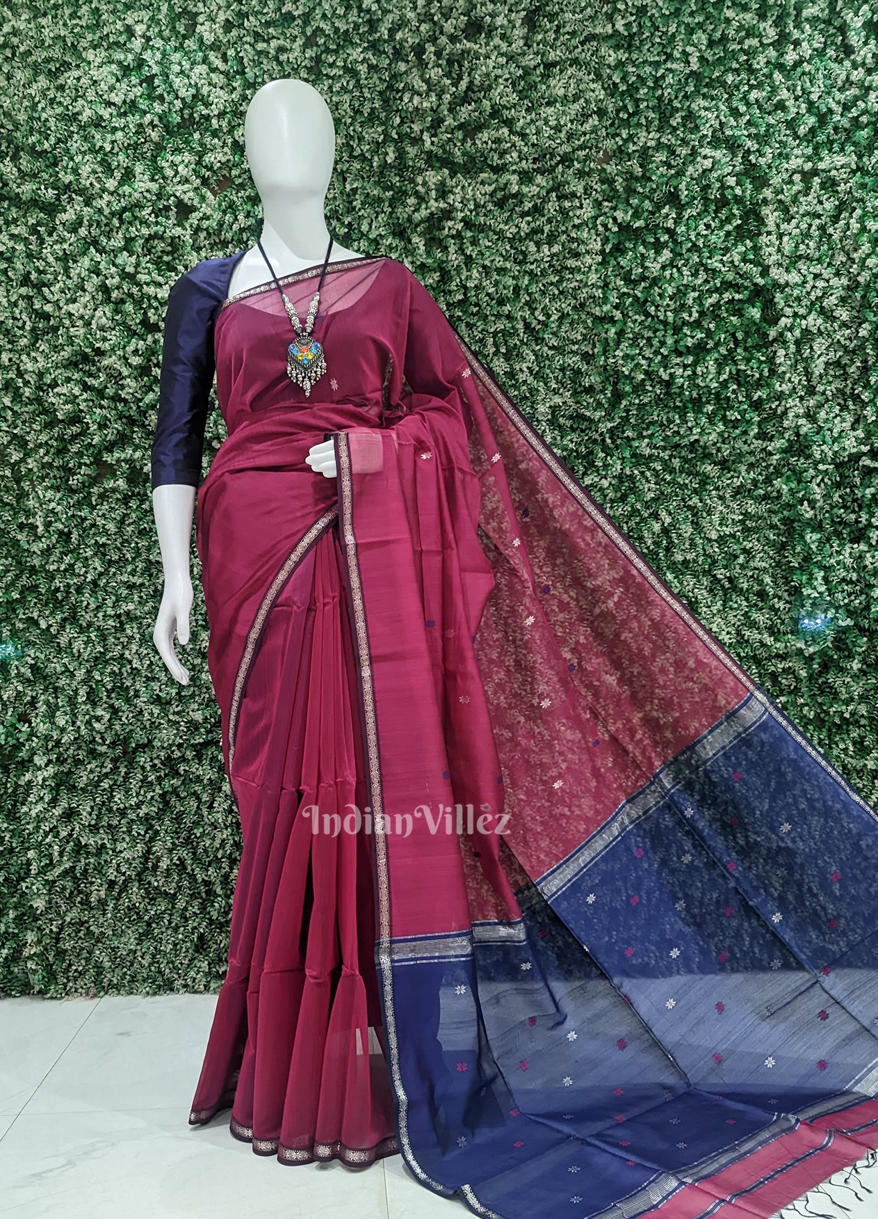 Purple Wine with Blue Pure Silk Cotton Maheshwari Saree