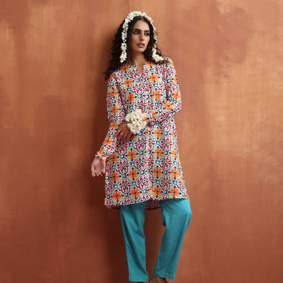 trueBrowns Off White Print Kurta Co-ord Set