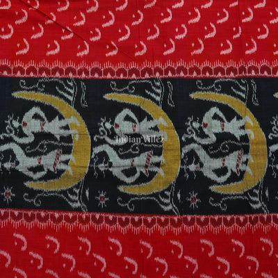 Black Red Half Moon Tribal Theme Sambalpuri Ikat Cotton Fabric