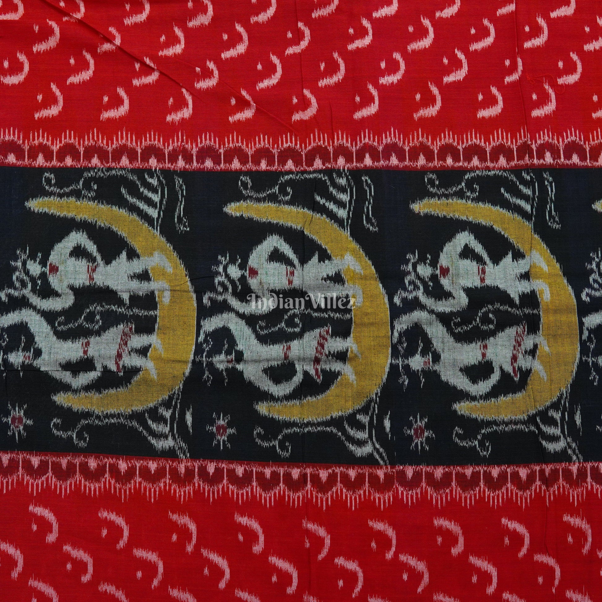 Black Red Half Moon Tribal Theme Sambalpuri Ikat Cotton Fabric