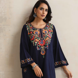 trueBrowns Blue Kashmiri Floral Embroidered Woollen Phiran Kurta