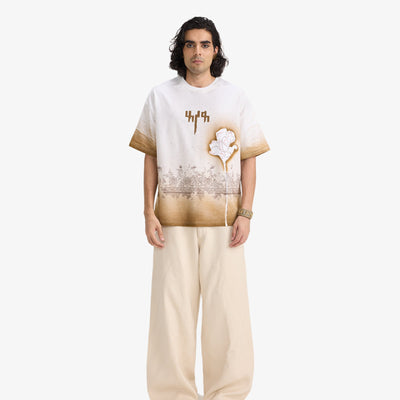 F A R A K | BURNING FLOWER HANDMADE T-SHIRT { WHITE/WHITE