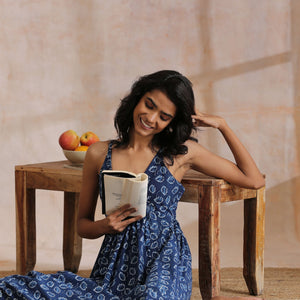 Indigo Dabu Floral Print Cotton Sleeveless Dress | Relove