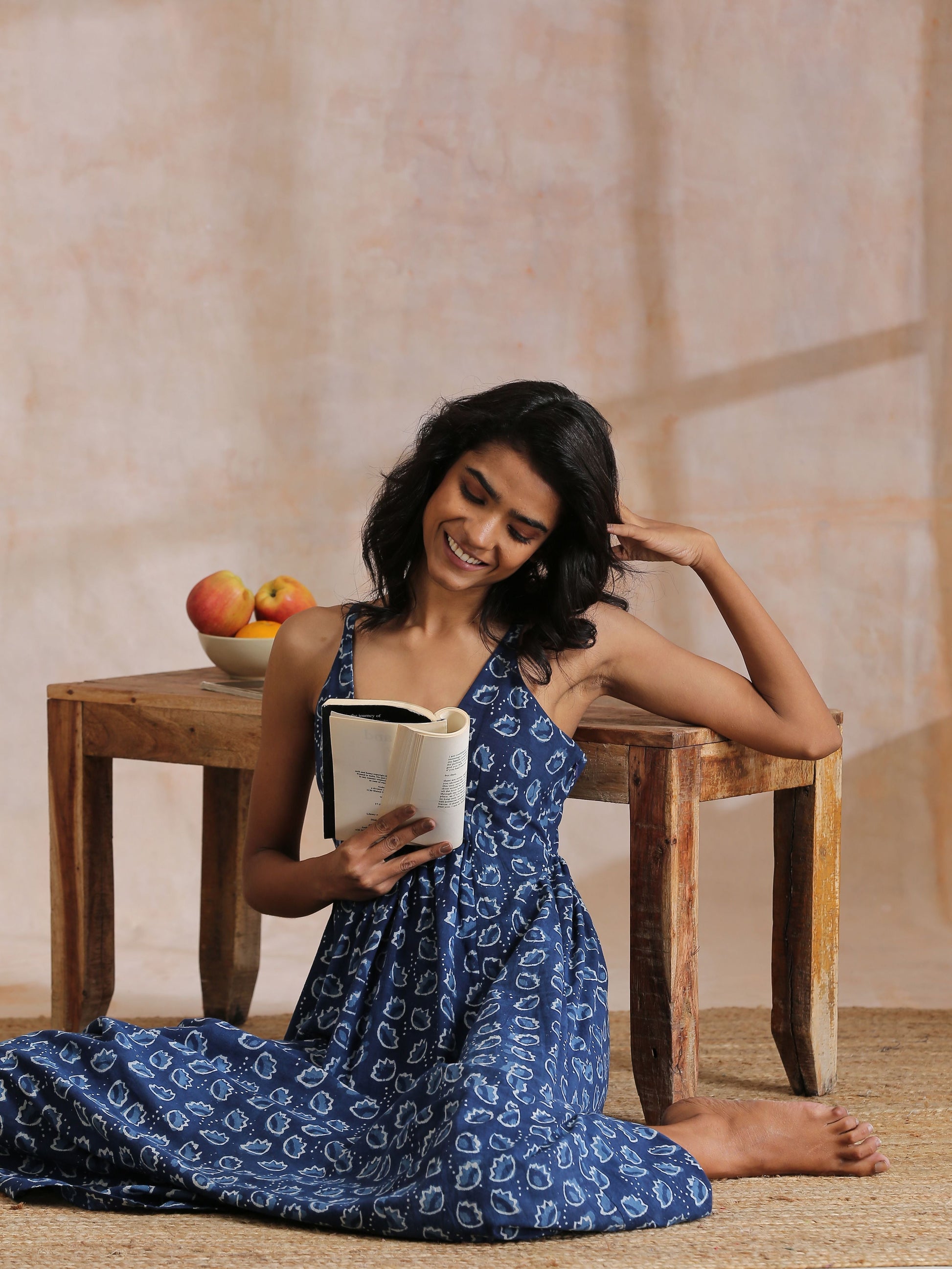 Indigo Dabu Floral Print Cotton Sleeveless Dress | Relove