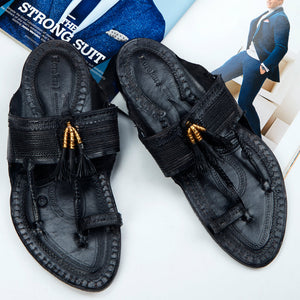 Black Handstitched Leather Kolhapuri Men Slipper