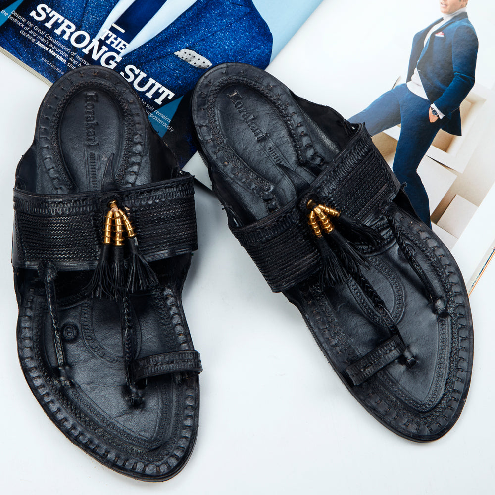 Black Handstitched Leather Kolhapuri Men Slipper